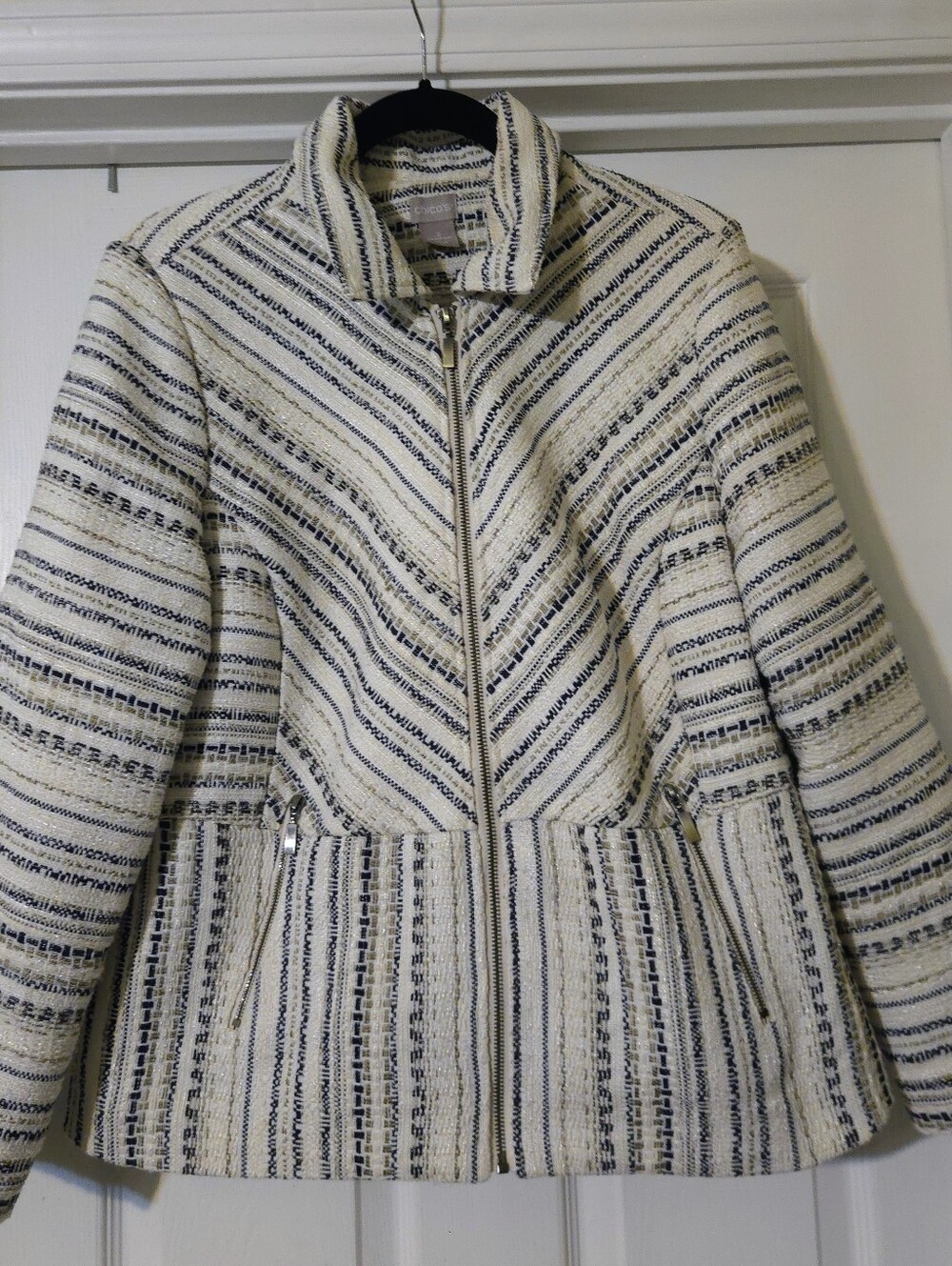 Chico's Cream and Navy Striped Tweed Zip Sophisticated Jacket